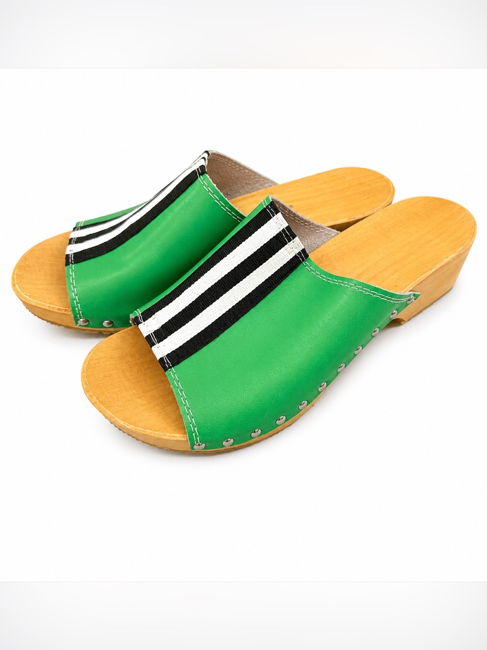 EUC!! Green Leather Slide Clogs with Black & White Stripes Size 40